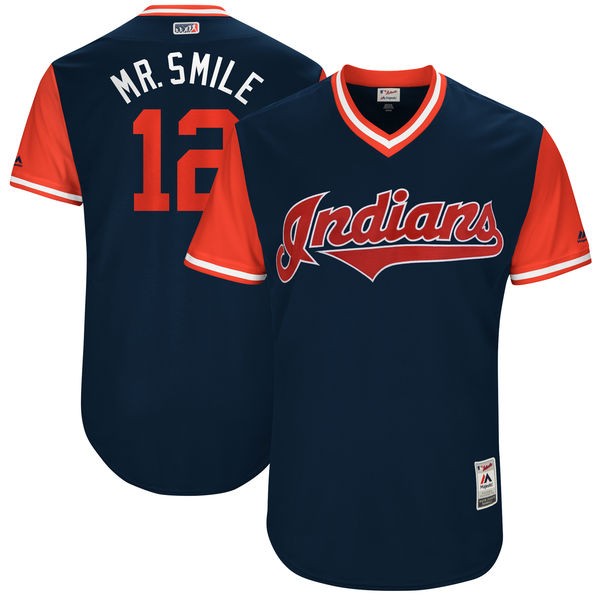 Men's Cleveland Indians #12 Francisco Lindor 'Mr. Smile' Navy/Red Cool Base Stitched Baseball Jersey Men's Cleveland Indians #12 Francisco Lindor 'Mr. Smile' Navy/Red Cool Base Stitched Baseball Jersey